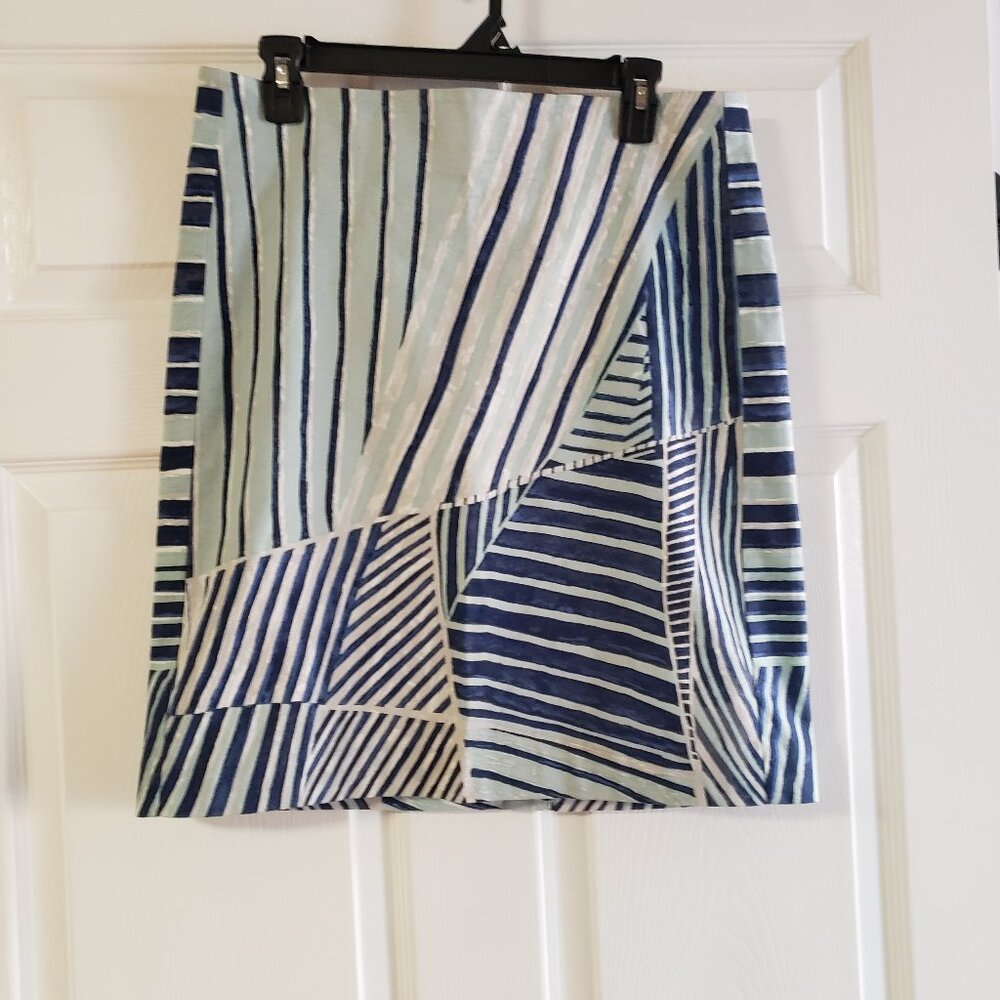 Nic + Zoe Geo Print Pencil Short Skirt Blue Teal White Size 10‎ NWOT